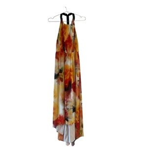 Alice + Olivia Yellow & Orange Maxi Dress with Brown T-Strap Zipper Top Size 6
